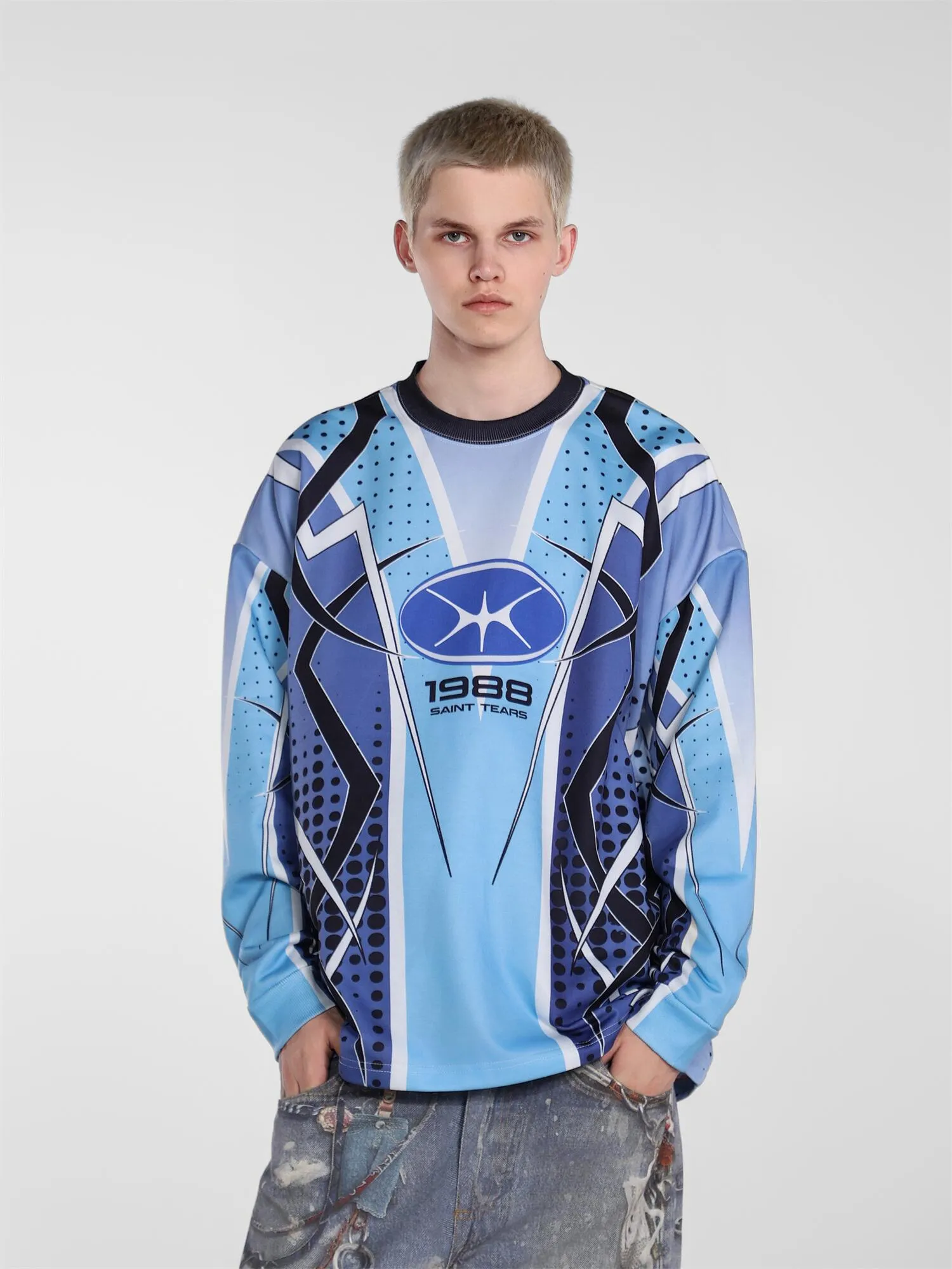 Saint michael tears all-over printed long-sleeved vintage autumn and winter T-shirt Style number: 120 Size: M L XL Wholesale price: 136 Color: blue pink